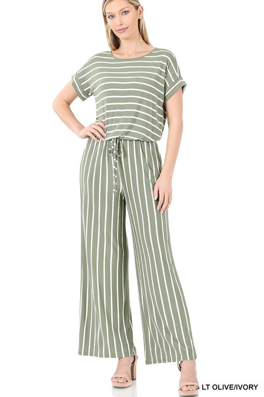 swvws Stripe Jumpsuit Elastic Waist Back Keyhole