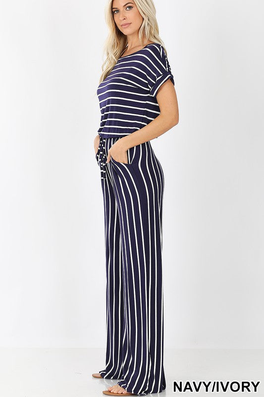 swvws Stripe Jumpsuit Elastic Waist Back Keyhole