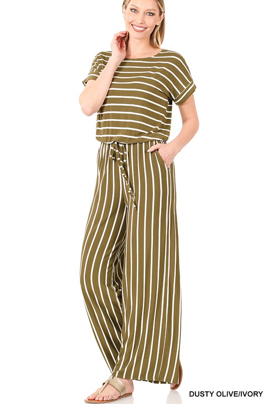 swvws Stripe Jumpsuit Elastic Waist Back Keyhole