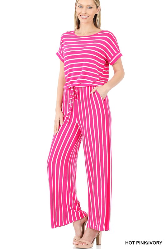 swvws Stripe Jumpsuit Elastic Waist Back Keyhole