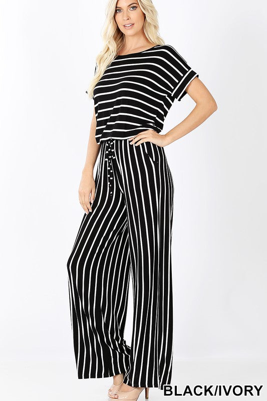 swvws Stripe Jumpsuit Elastic Waist Back Keyhole