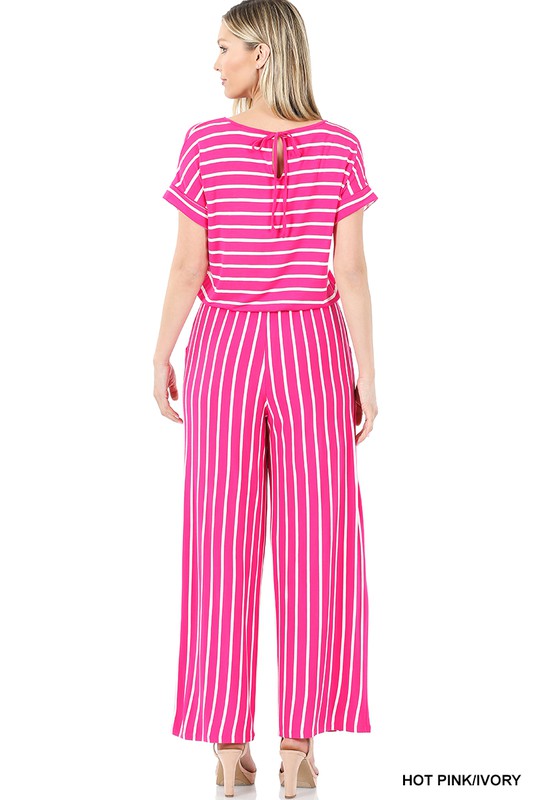 swvws Stripe Jumpsuit Elastic Waist Back Keyhole