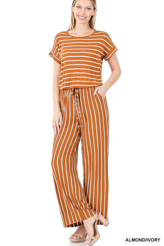 swvws Stripe Jumpsuit Elastic Waist Back Keyhole