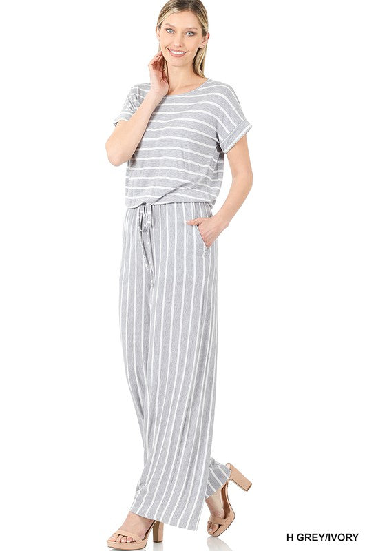 swvws Stripe Jumpsuit Elastic Waist Back Keyhole