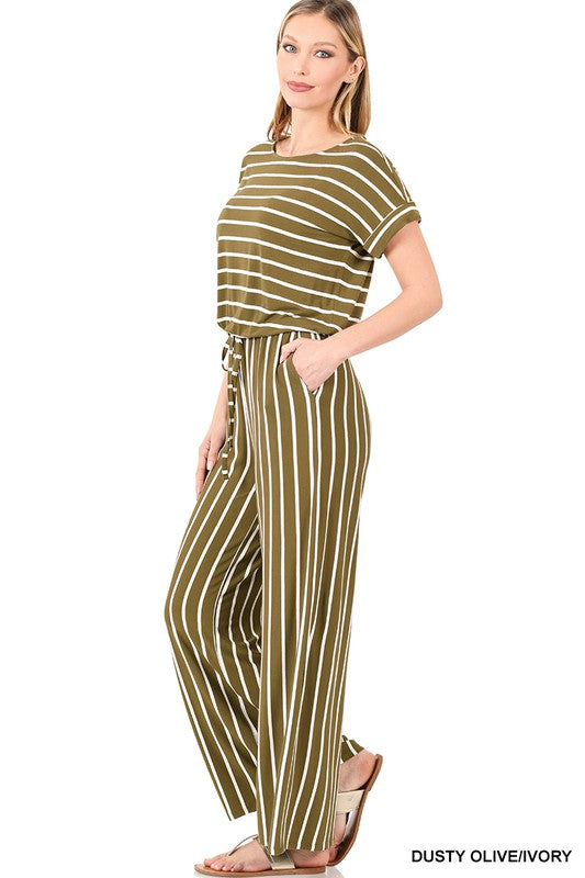 swvws Stripe Jumpsuit Elastic Waist Back Keyhole