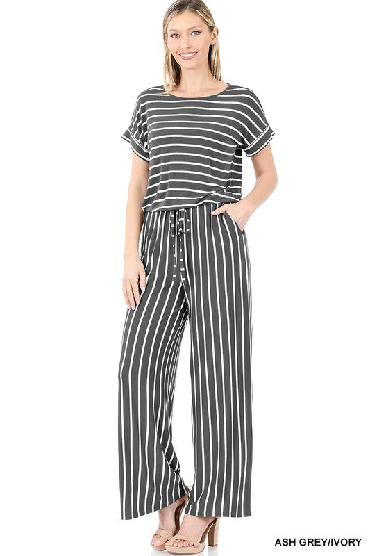 swvws Stripe Jumpsuit Elastic Waist Back Keyhole