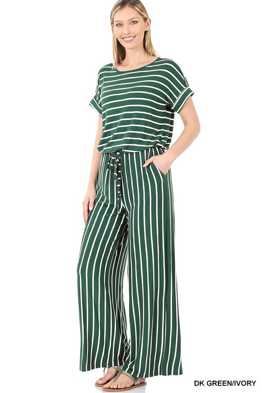 swvws Stripe Jumpsuit Elastic Waist Back Keyhole