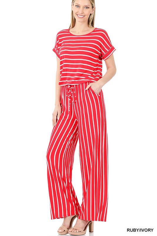 swvws Stripe Jumpsuit Elastic Waist Back Keyhole