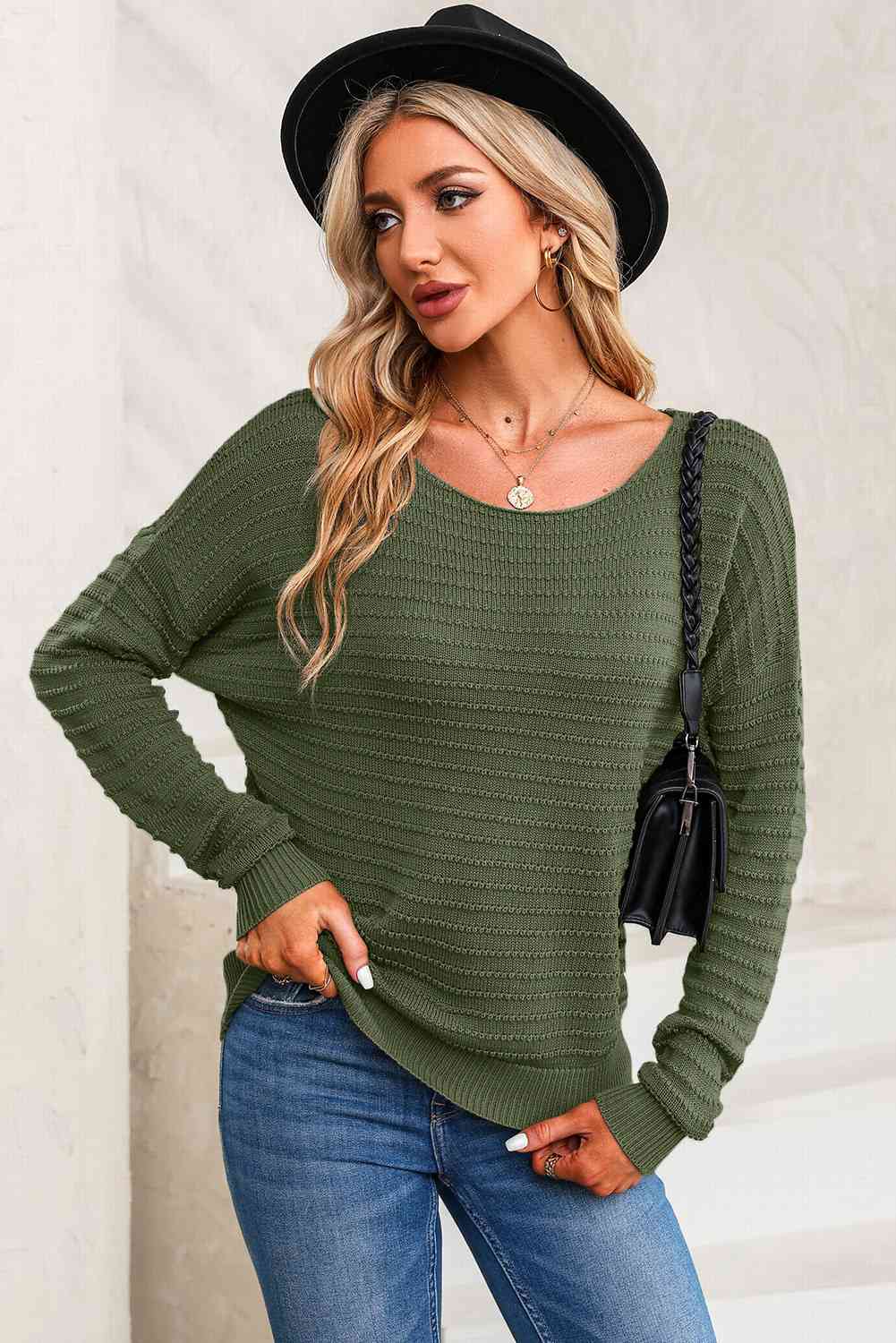 swvws Horizontal Ribbing Round Neck Sweater