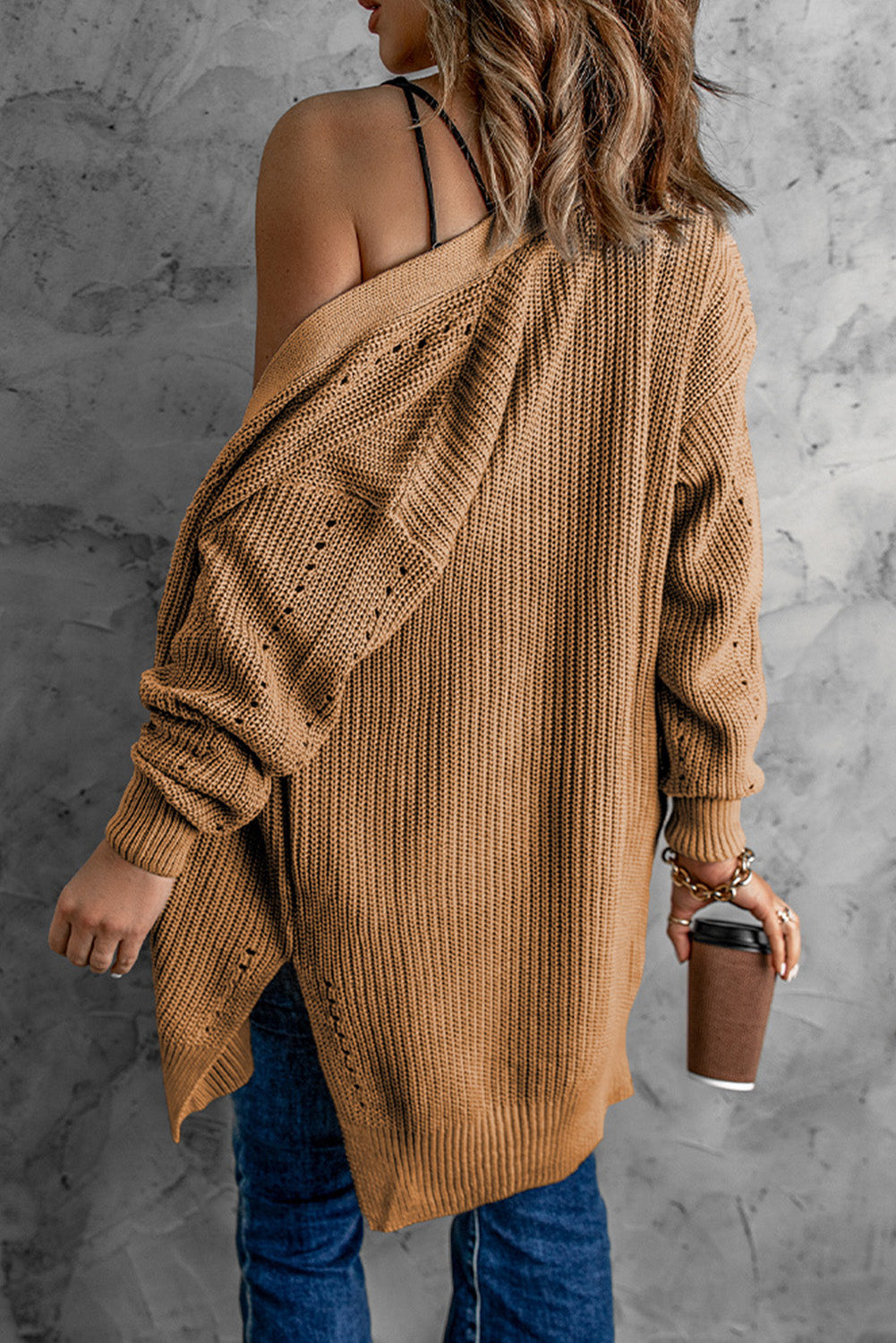 swvws Openwork Rib-Knit Slit Cardigan