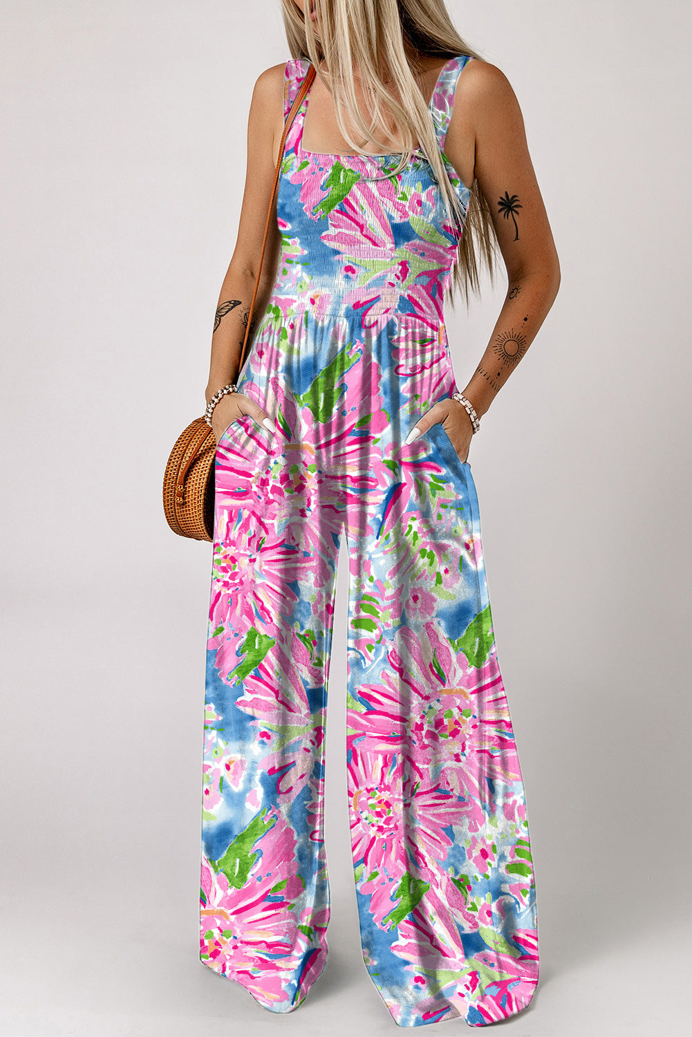 swvws Floral Smocked Square Neck Jumpsuit with Pockets