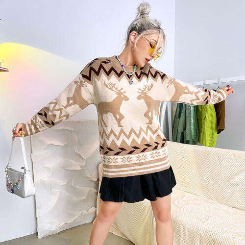 swvws Geometric Round Neck Dropped Shoulder Sweater