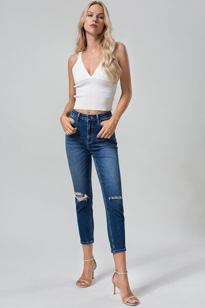 swvws BAYEAS Full Size High Waist Distressed Washed Cropped Mom Jeans