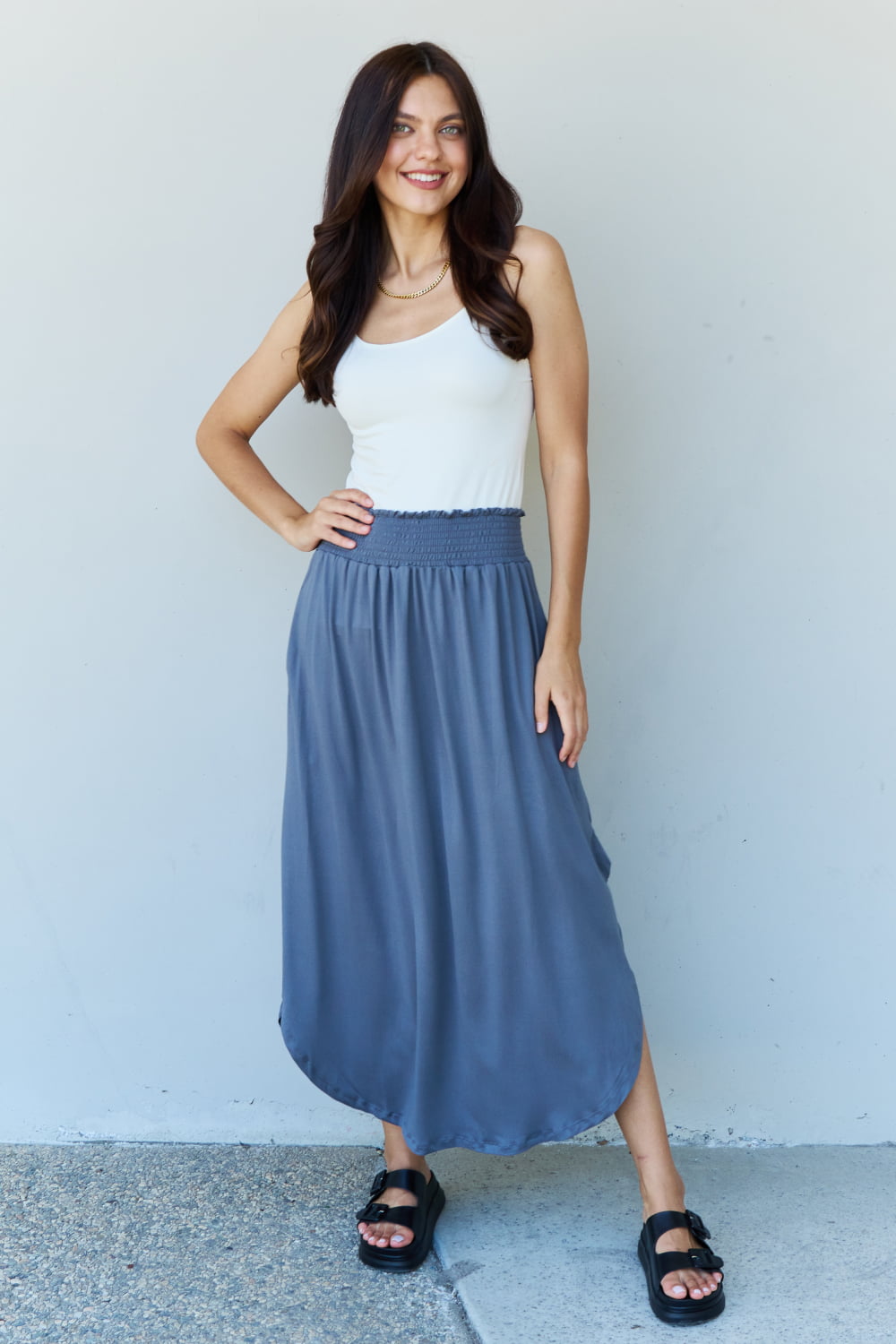 themeisles Doublju Comfort Princess Full Size High Waist Scoop Hem Maxi Skirt in Dusty Blue