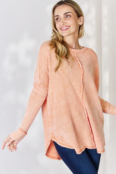 swvws Zenana Oversized Washed Waffle Long Sleeve Top