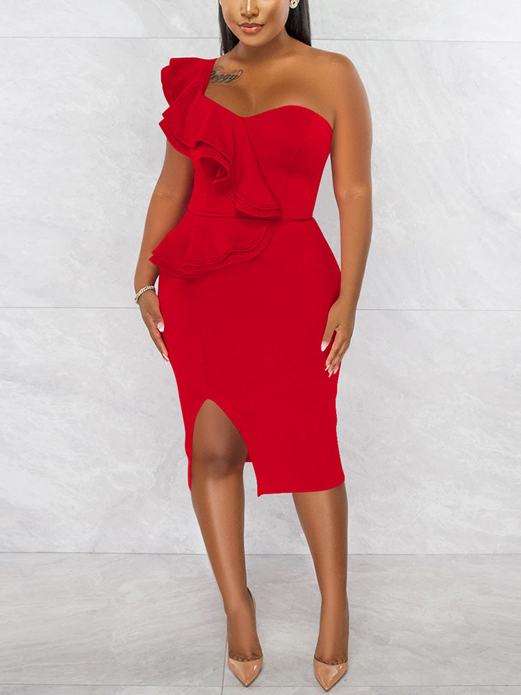 Sixsr Ruffle One Shoulder Split Party Dress