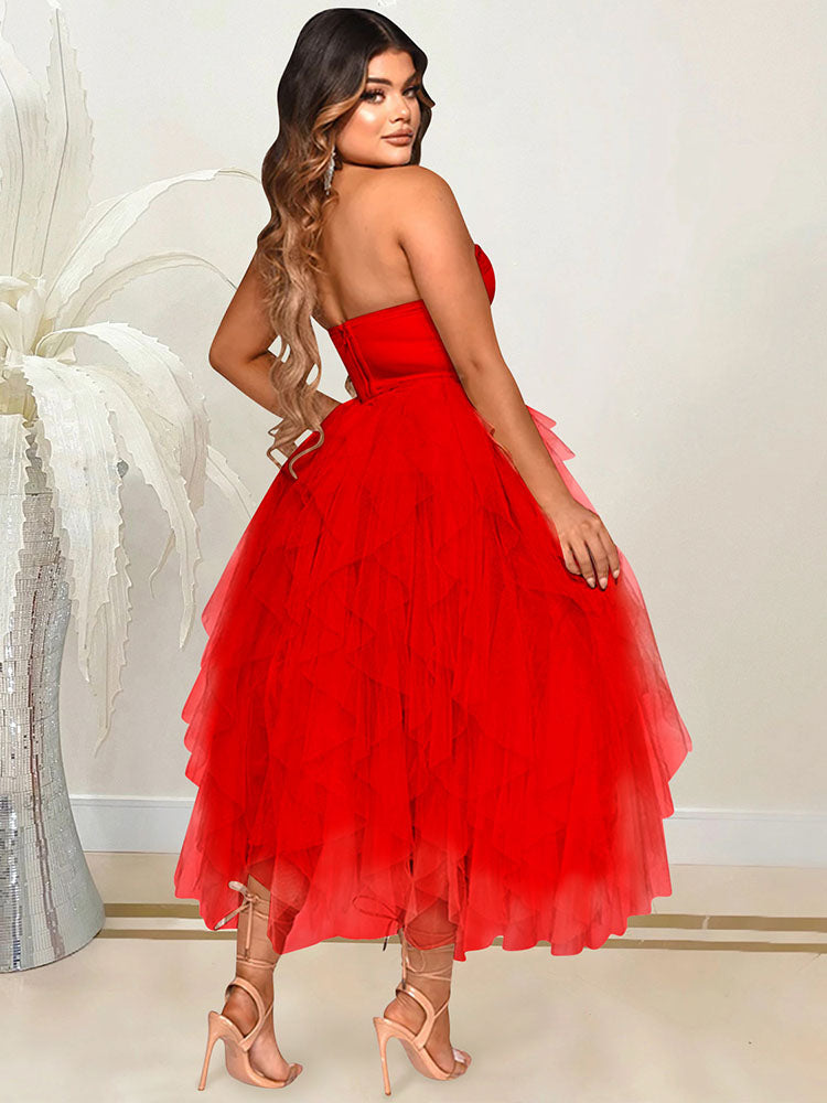 Sixsr Rhinestone Tube Tulle Prom Midi Dress