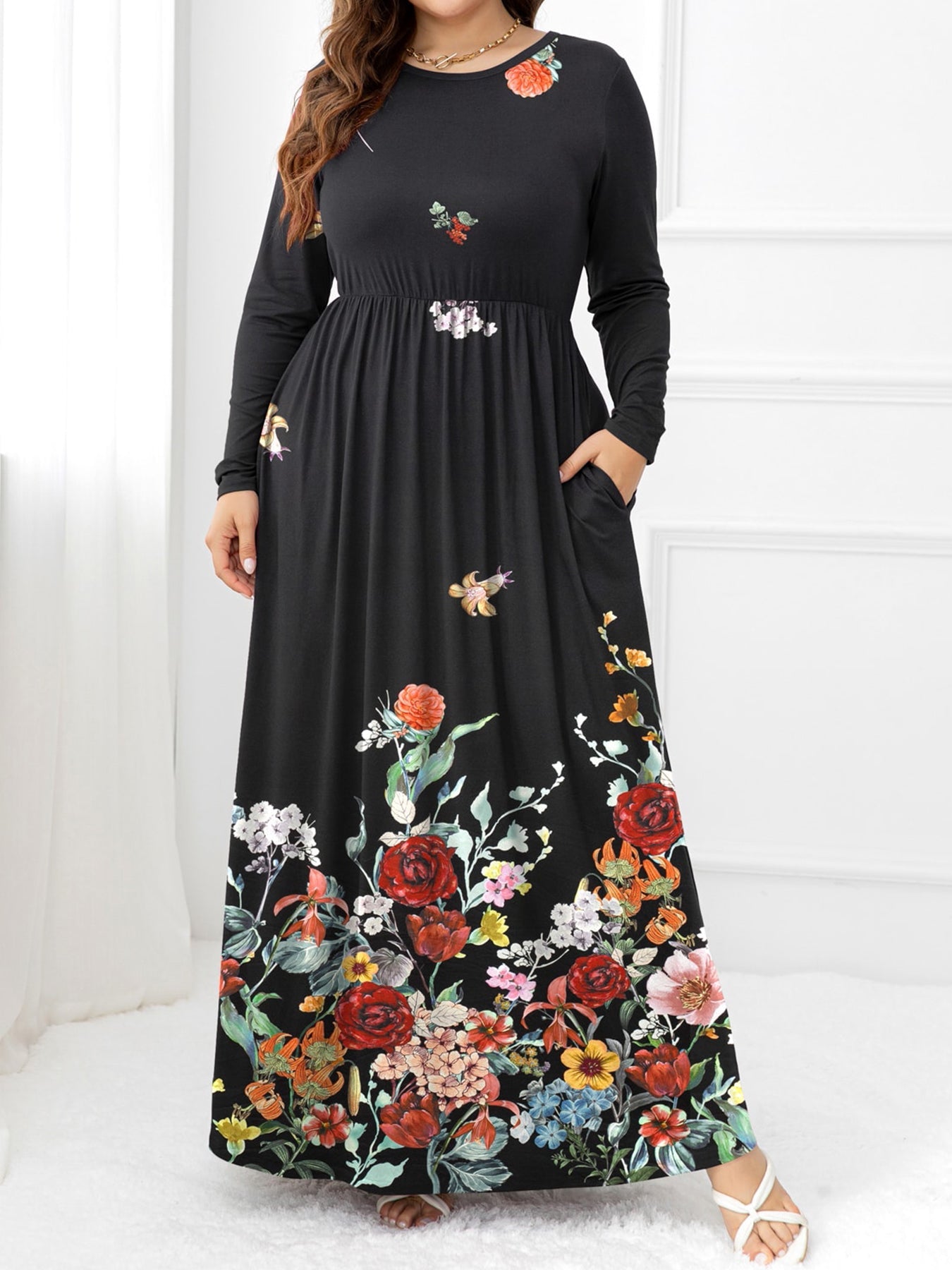 swvws Plus Size Round Neck Maxi Dress with Pockets