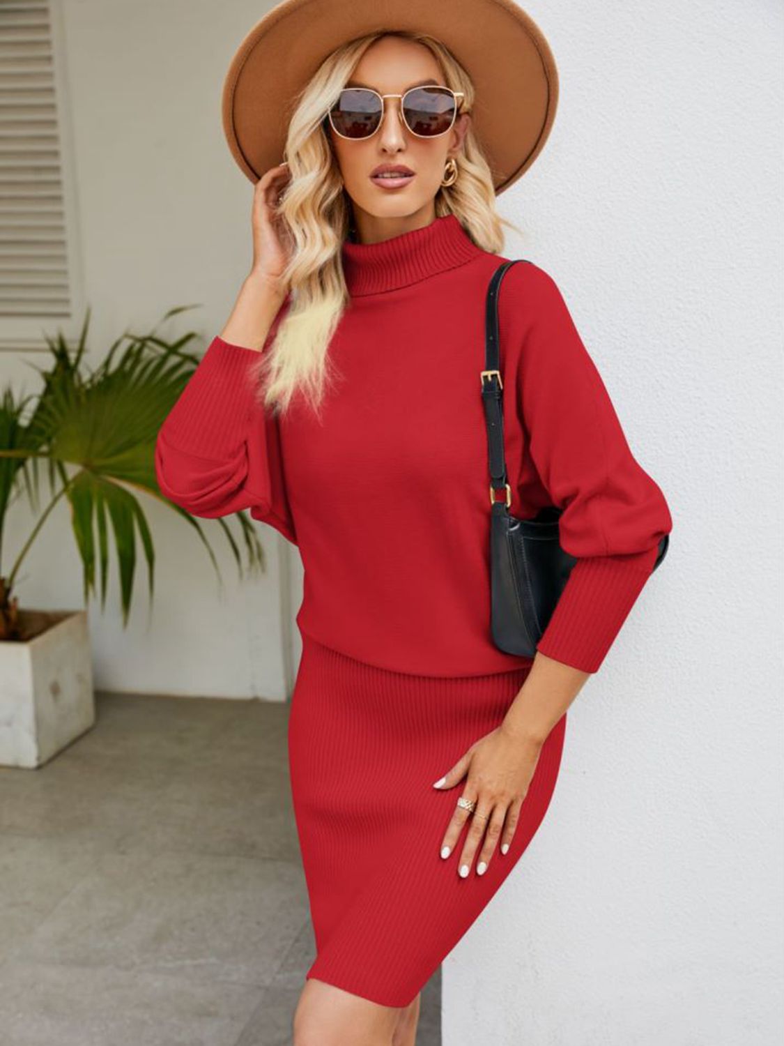 swvws Turtle Neck Long Sleeve Ribbed Sweater Dress