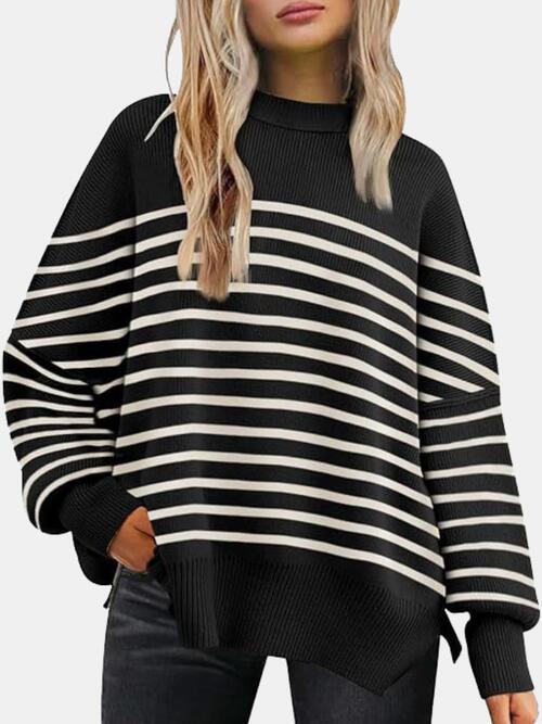 swvws Round Neck Drop Shoulder Slit Sweater