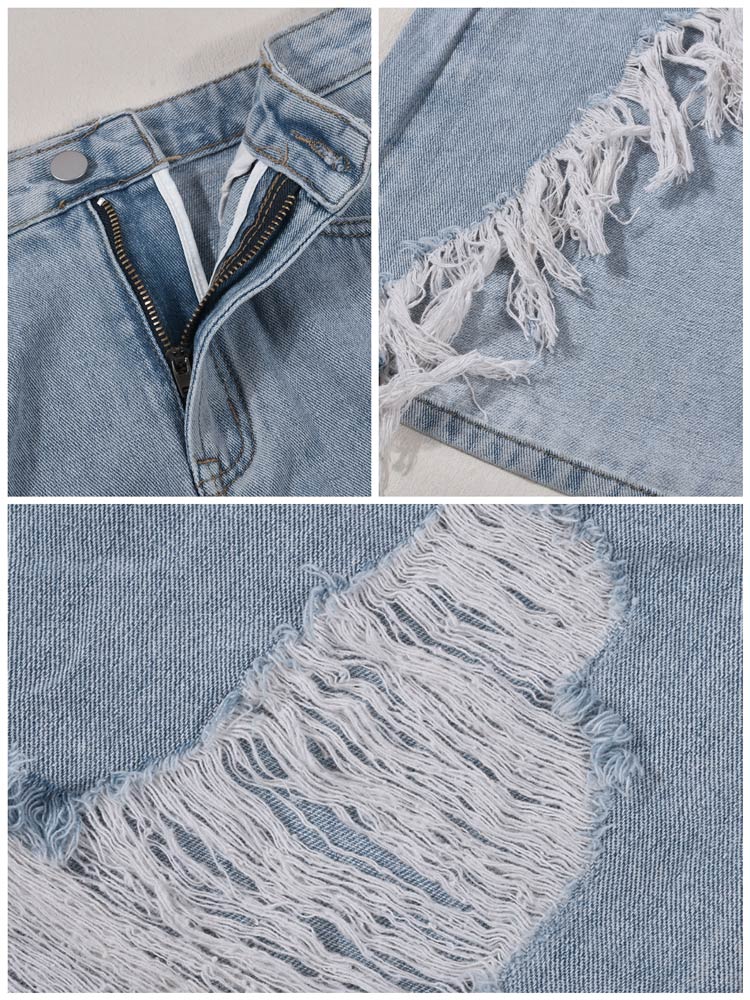 Sixsr Denim Ripped Slit Tassels Skirt