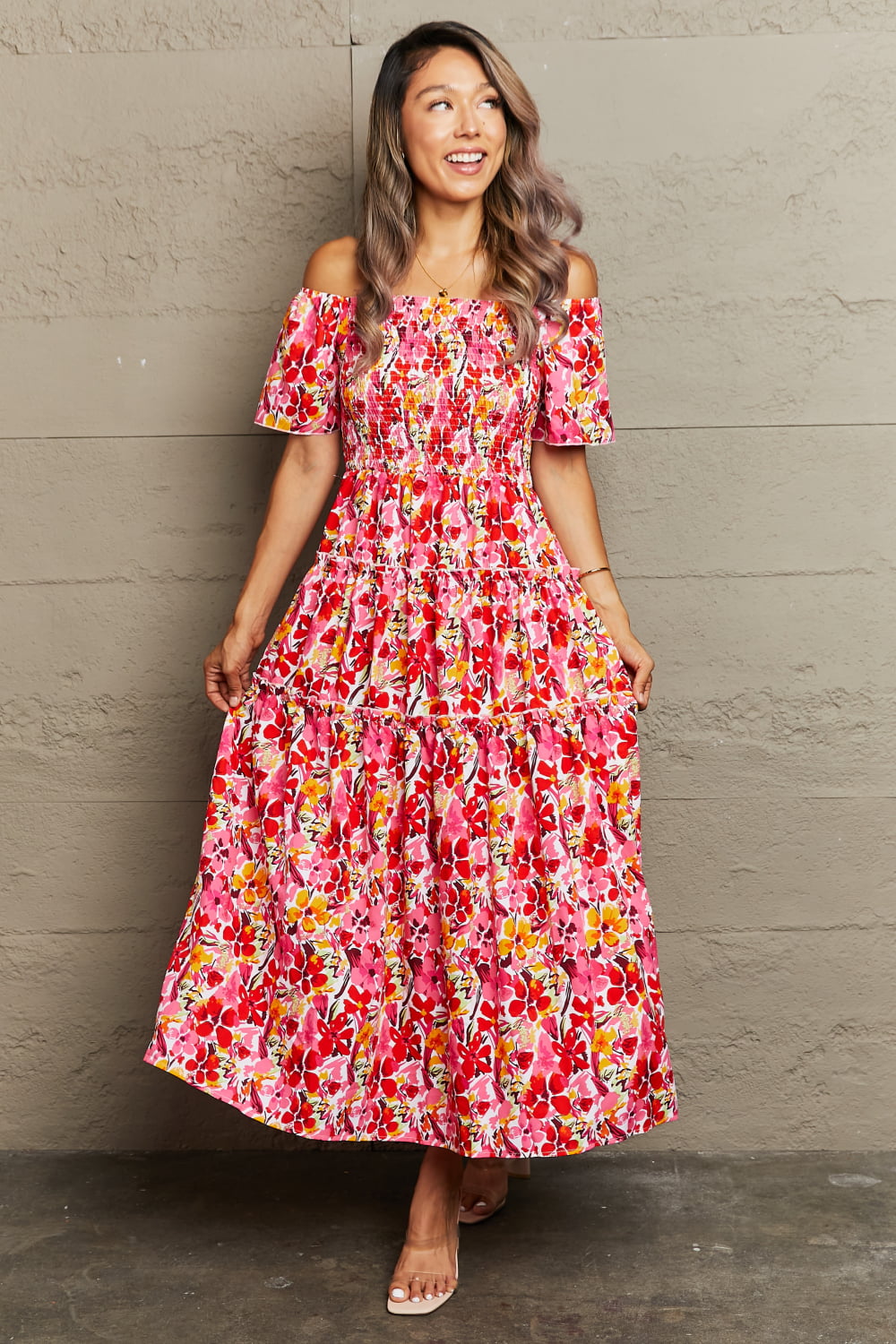 swvws Floral Off-Shoulder Frill Trim Maxi Dress