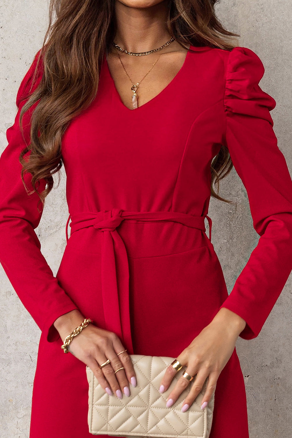 swvws Belted Long Puff Sleeve V-Neck Jumpsuit