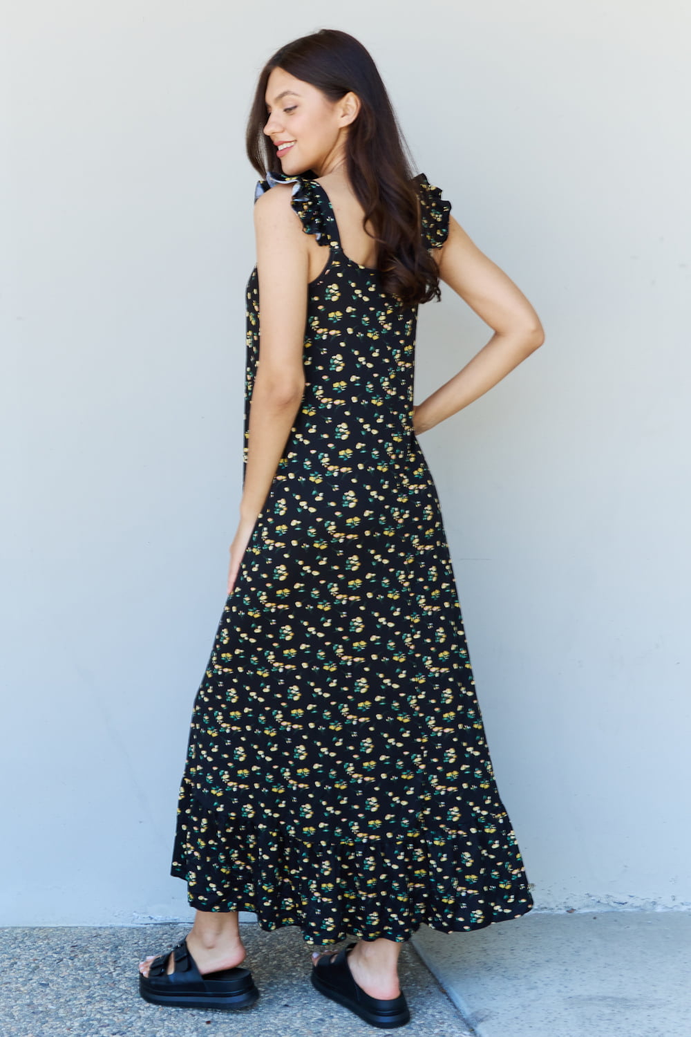 swvws Doublju In The Garden Ruffle Floral Maxi Dress in  Black Yellow Floral