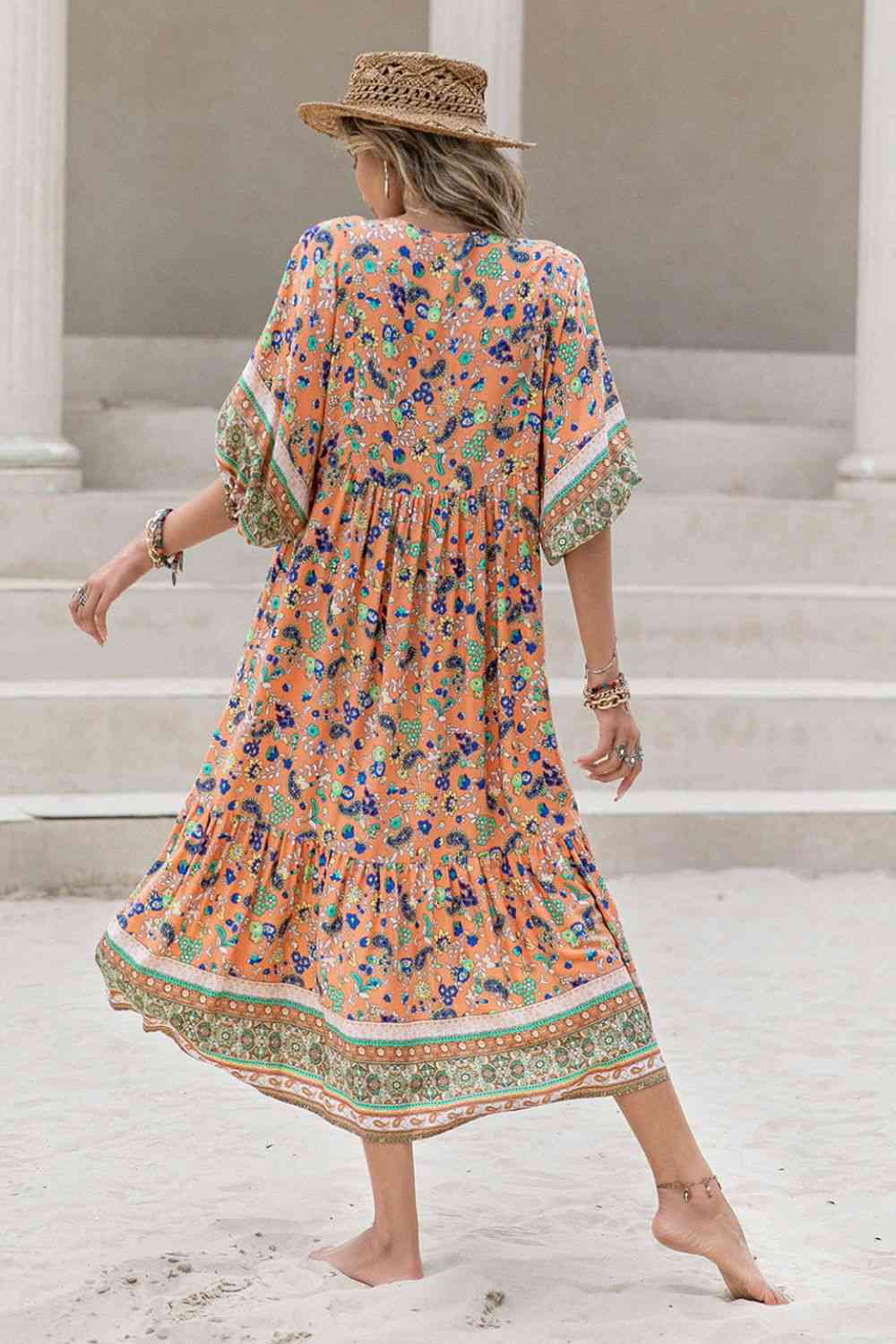 swvws Printed V-Neck Short Sleeve Maxi Dress