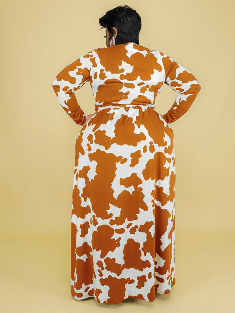 Sixsr Cow Print V Neck Wrap Dress