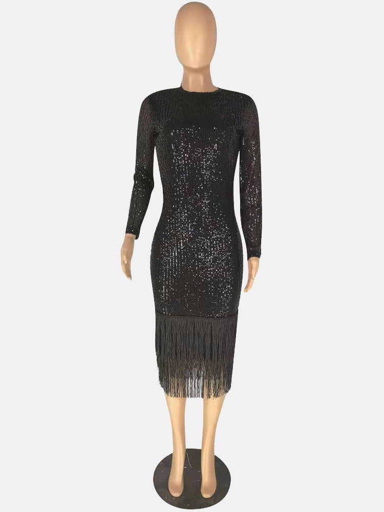 Sixsr Long Sleeves Sequin Tassel Party Dress