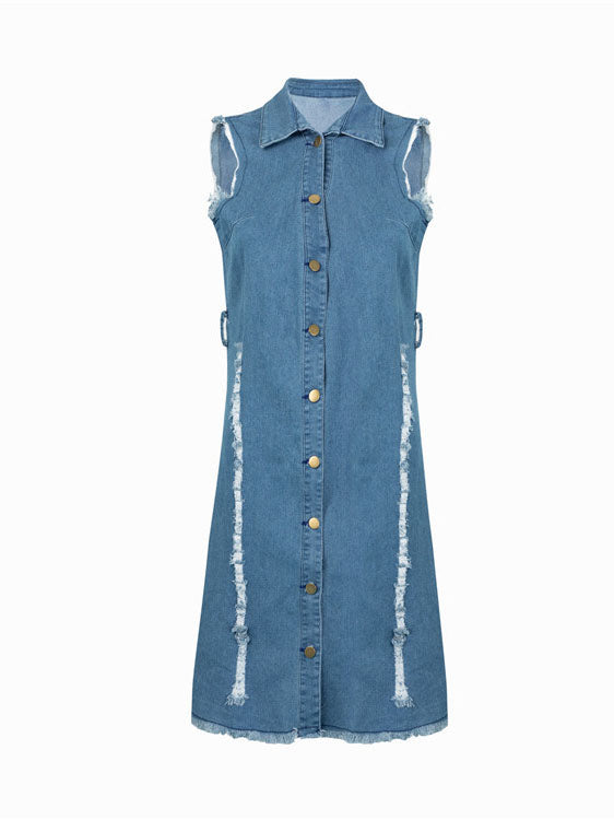 Sixsr Button Sleeveless Ripped Denim Dress