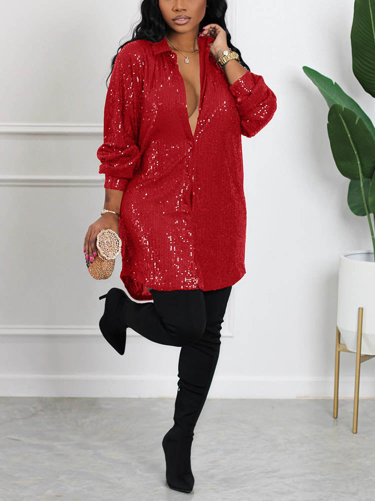 Sixsr Sequin Shirt Mini Dress