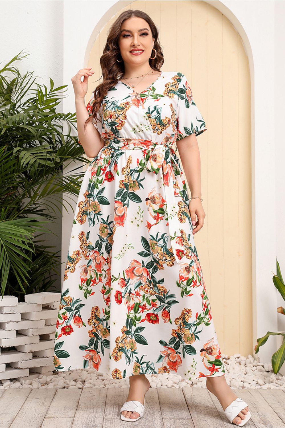 swvws Plus Size Printed Surplice Short Sleeve Maxi Dress