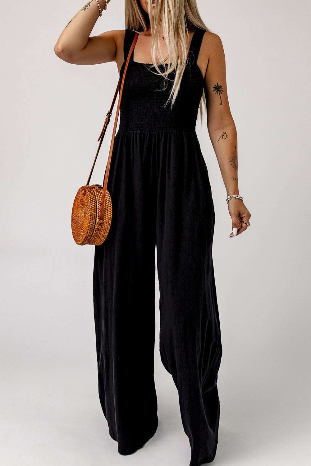 swvws Smocked Square Neck Wide Leg Jumpsuit with Pockets