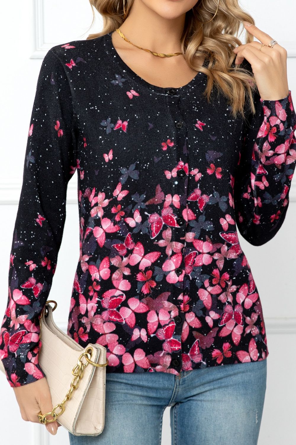 swvws Floral Button Front Round Neck Cardigan