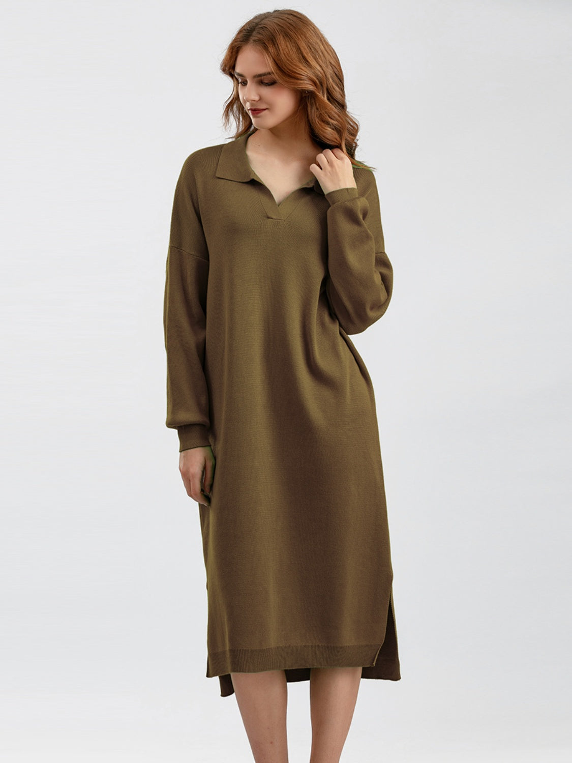 swvws Johnny Collar Long Sleeve Slit Sweater Dress