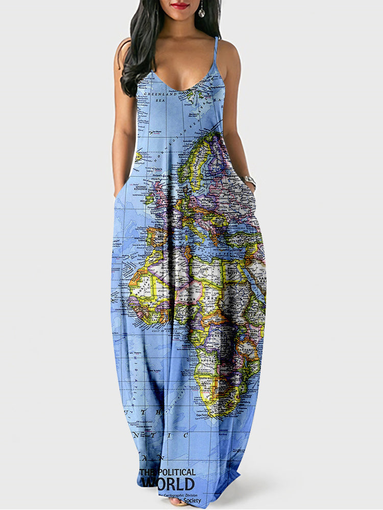 Sixsr Casual Map Print Spaghetti Strap Maxi Dress