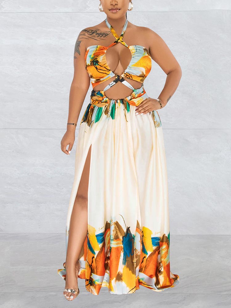 Sixsr Print Halter Cut-out Maxi Dress