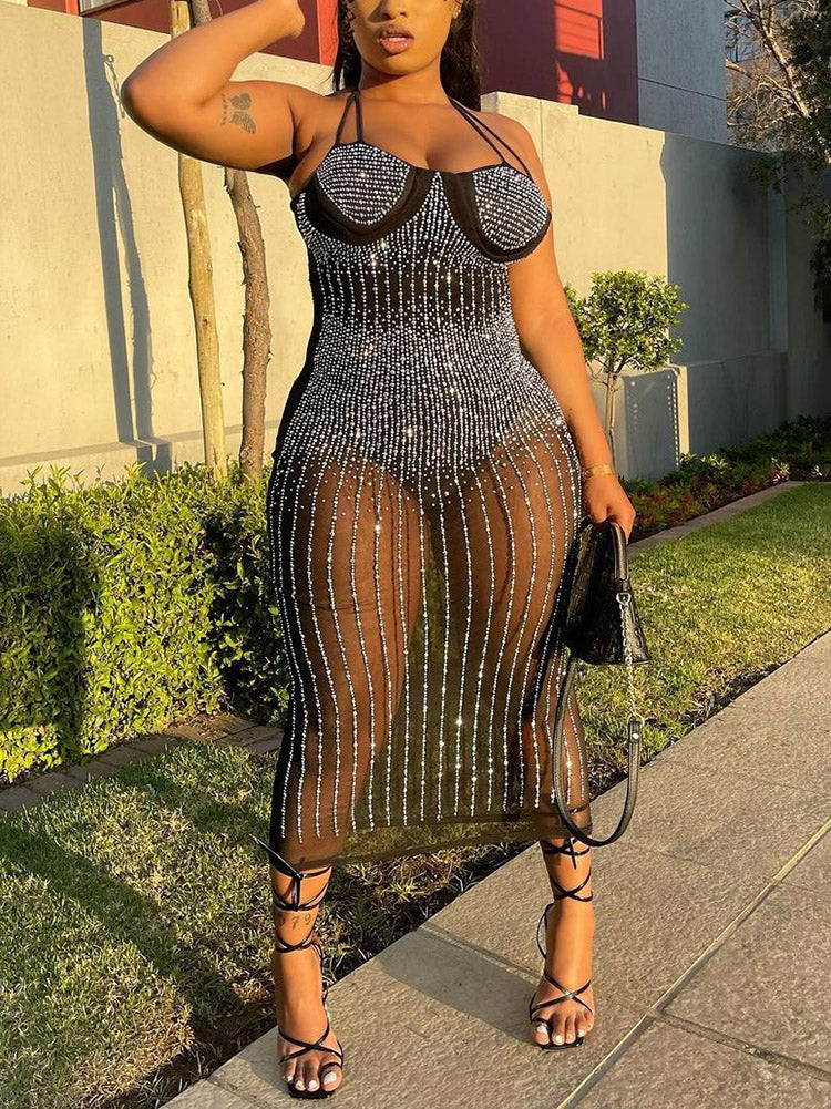 Sixsr Rhinestone Sheer Spaghetti Strap Midi Dresses