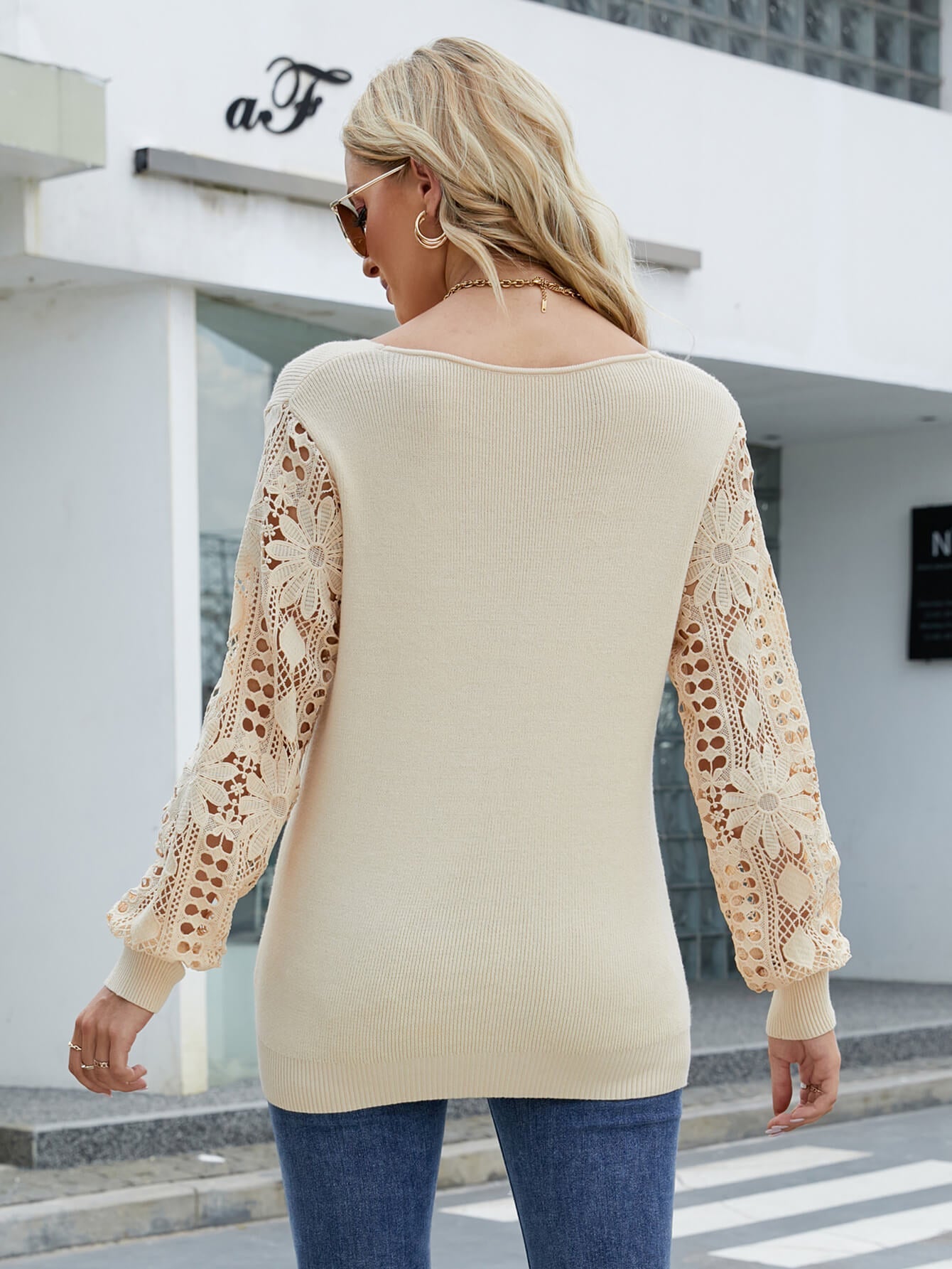 swvws Lace Sleeve Ribbed Trim V-Neck Sweater