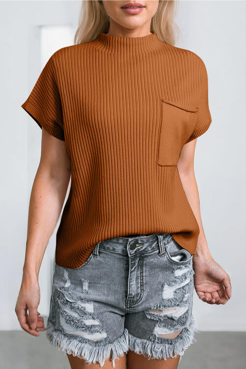 swvws Ribbed Mock Neck Short Sleeve Knit Top