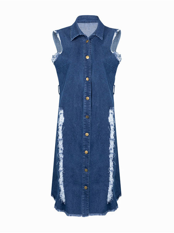 Sixsr Button Sleeveless Ripped Denim Dress