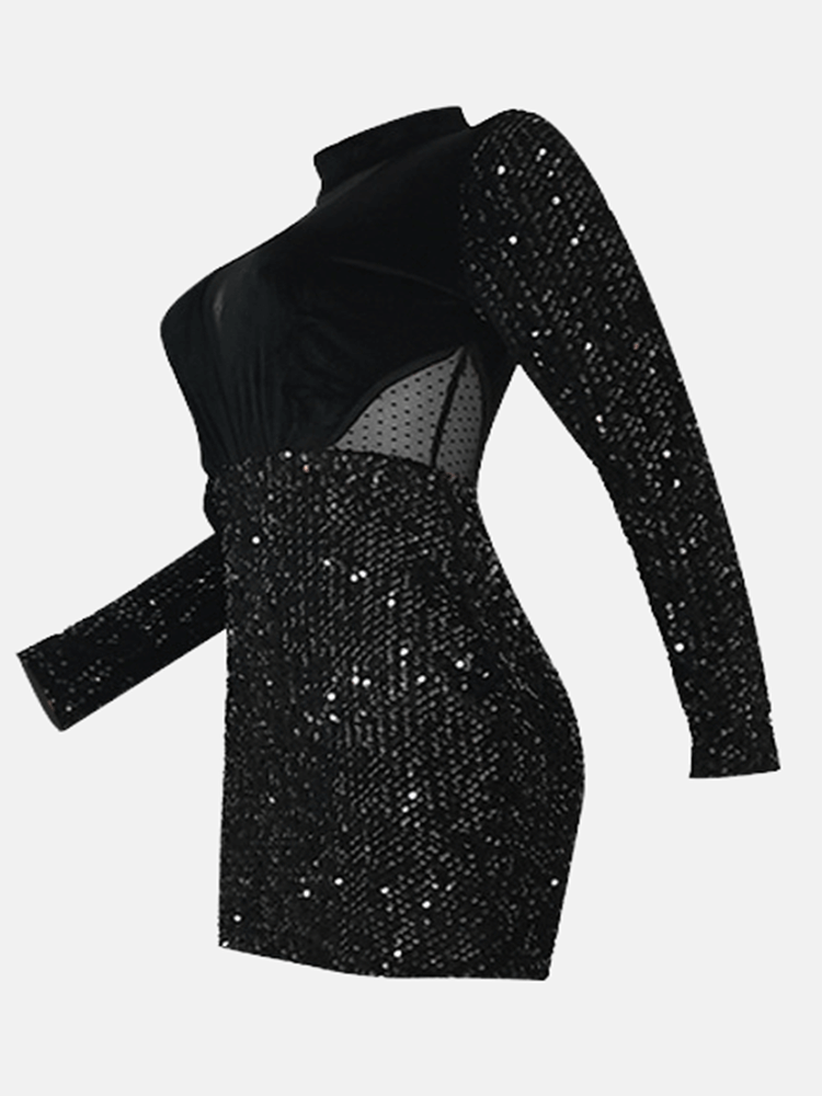 Sixsr Sequin Velvet Mesh Patchwork Mini Dress