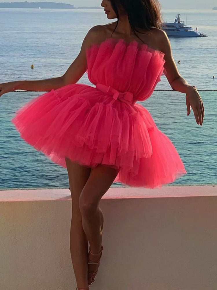 Sixsr Bow Decor Layered Tulle Cocktail Dress