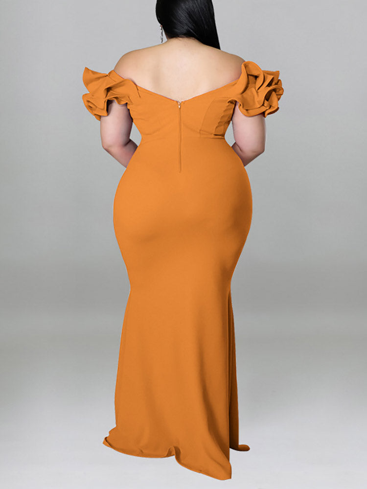 Sixsr Ruffle Solid Evening Dress