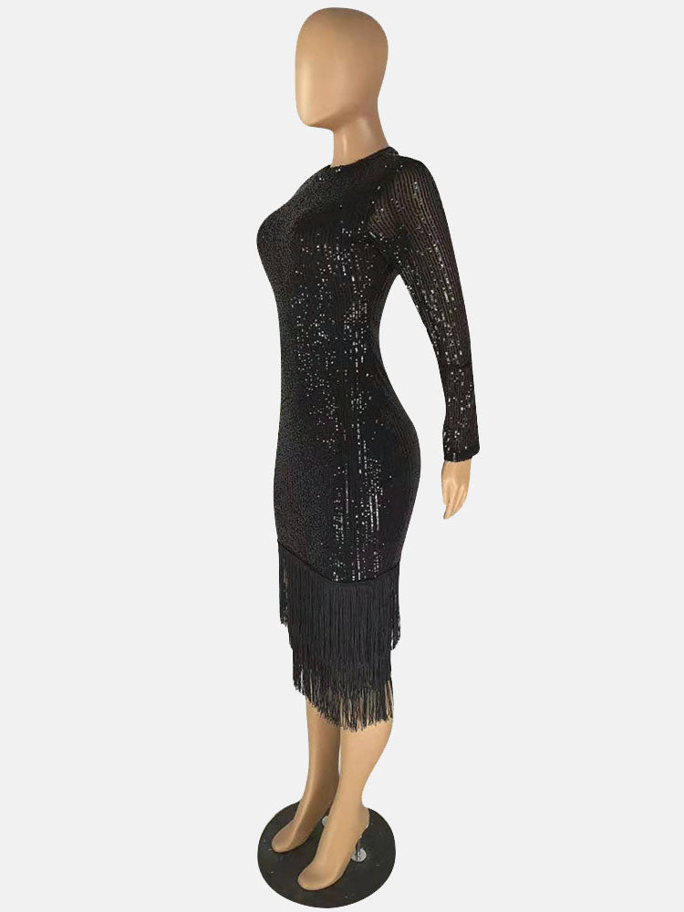 Sixsr Long Sleeves Sequin Tassel Party Dress