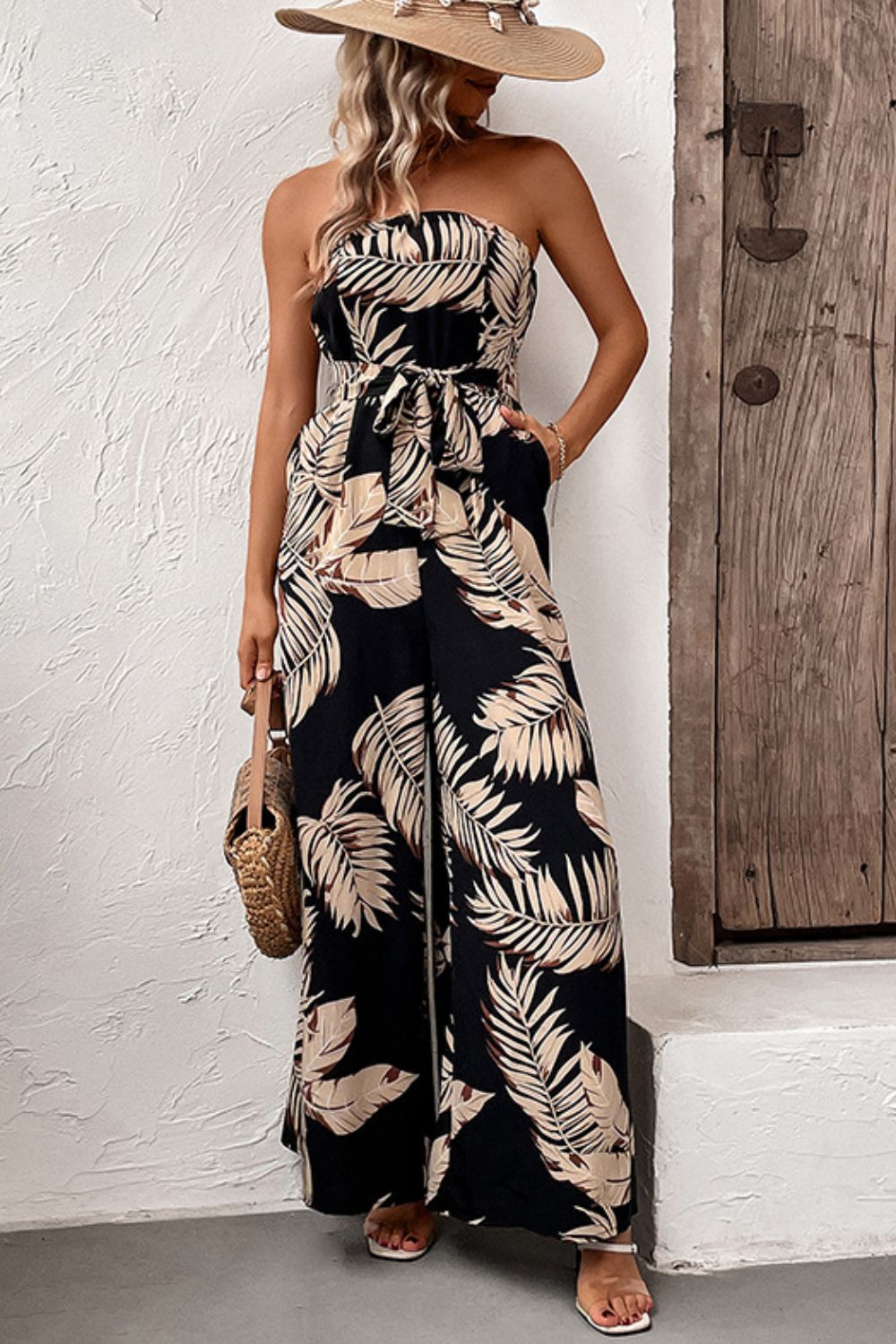 swvws Printed Strapless Wide Leg Jumpsuit with Pockets