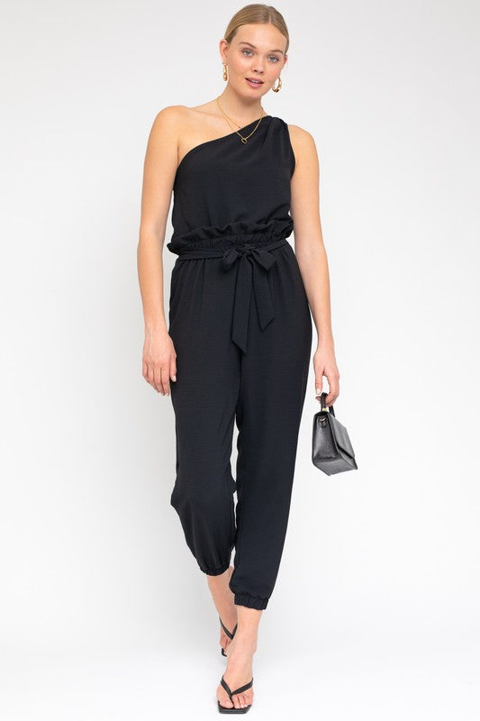 swvws Sleeveless One Shoulder Waist Tie Jumpsuit