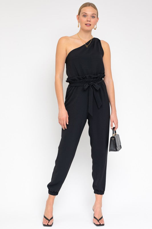 swvws Sleeveless One Shoulder Waist Tie Jumpsuit